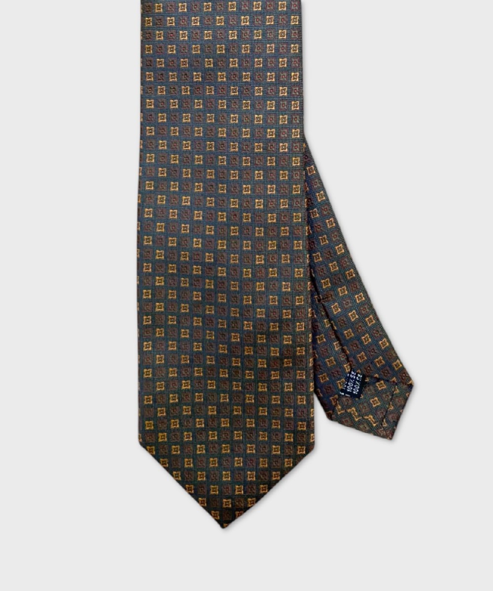 Arcuri three fold tie in jacquard silk, green orange red checks