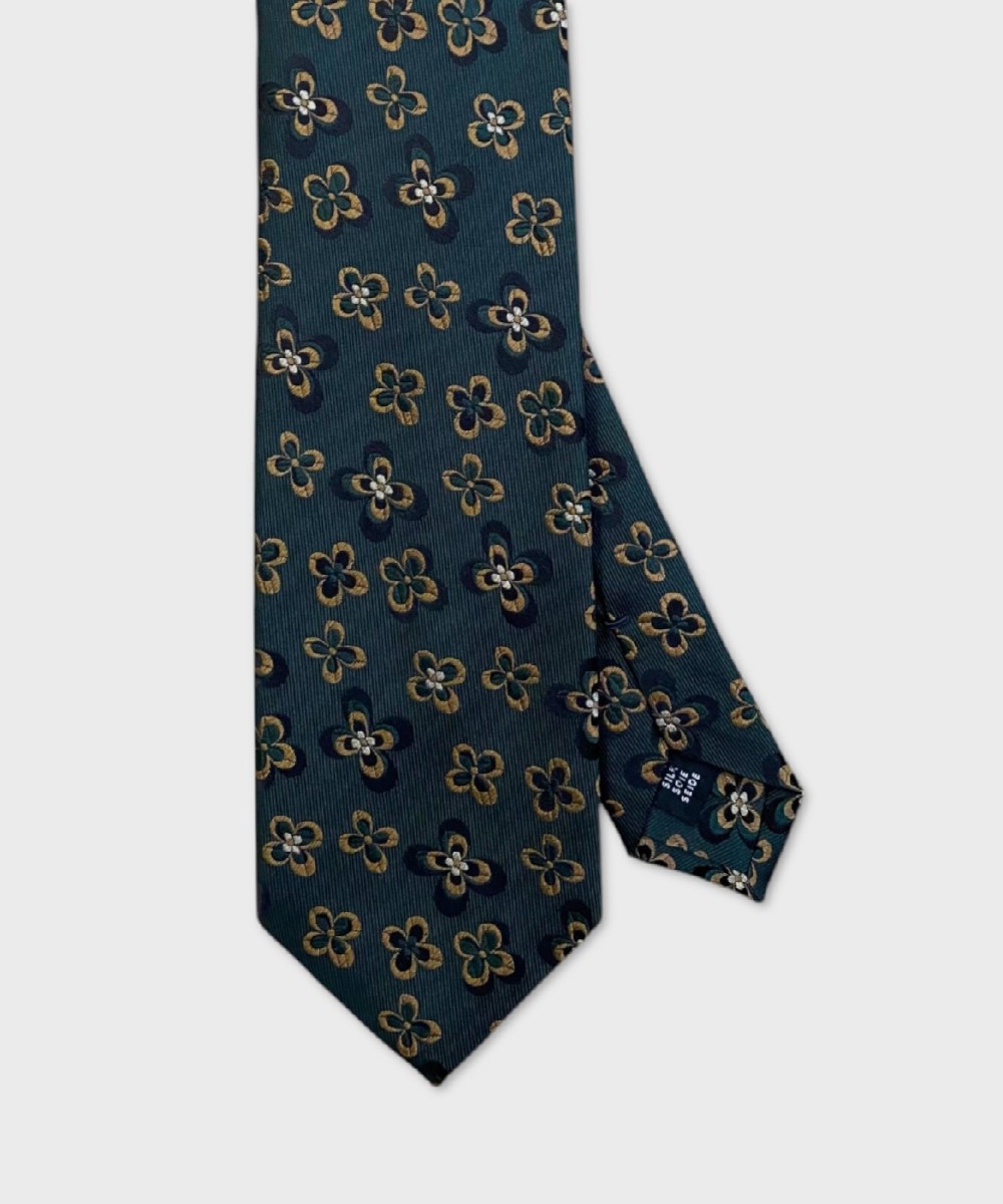 Arcuri three fold silk tie, green rust flowers pattern