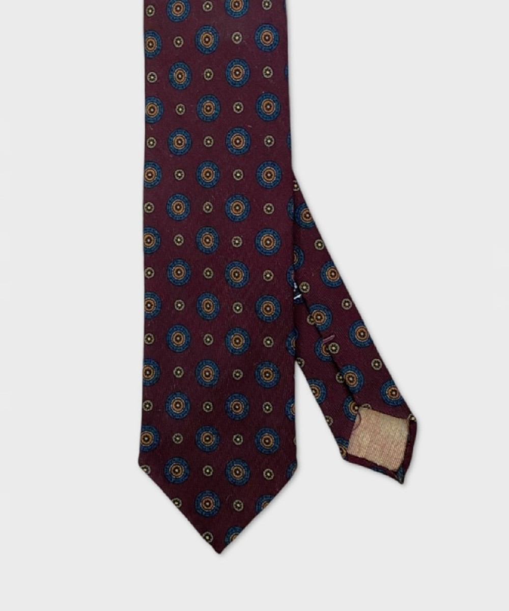 Arcuri three-fold wool tie, unlined, burgundy circle pattern