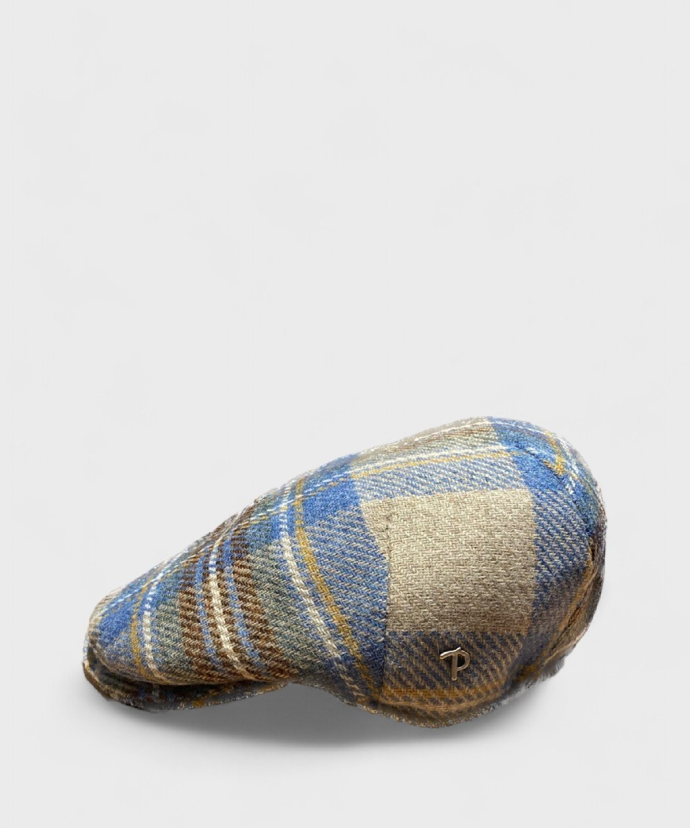 Panizza Peaked British Wool Cap, Beige Tartan