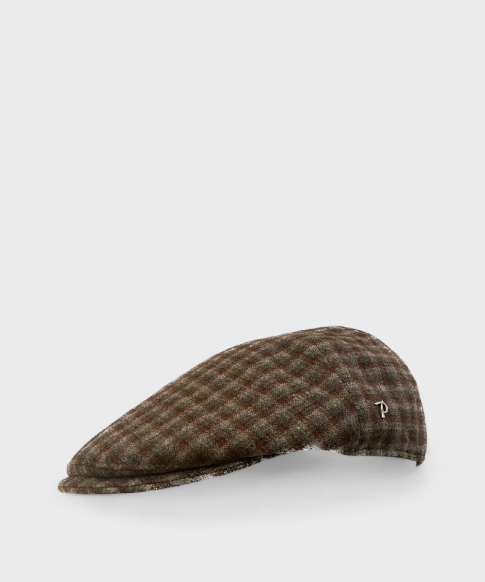 Panizza Peaked British Wool Cap, Brown Check