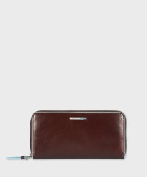 Piquadro Blue Square zip-around wallet, 12 cc, mahogany