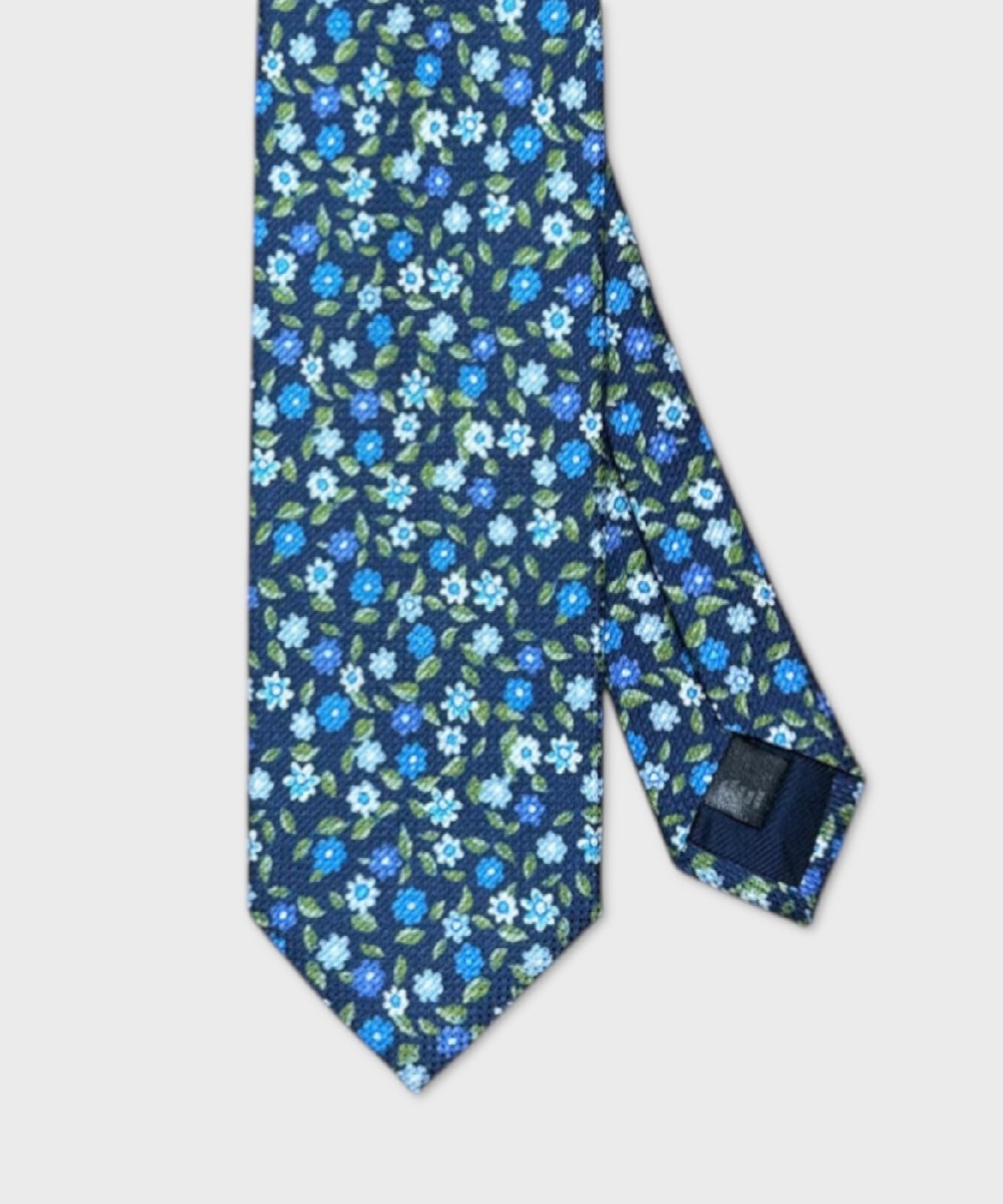 Ultra three fold tie in cotton and silk, blue flowers