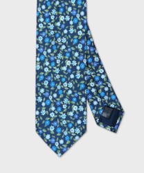 Ulturale cravatta tre pieghe in cotone e seta, blu fiori