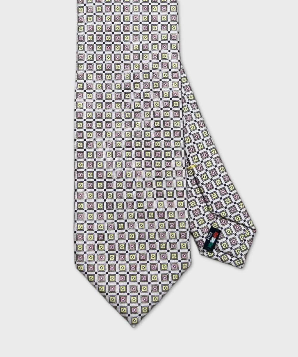 Galise three fold silk tie, pink square pattern