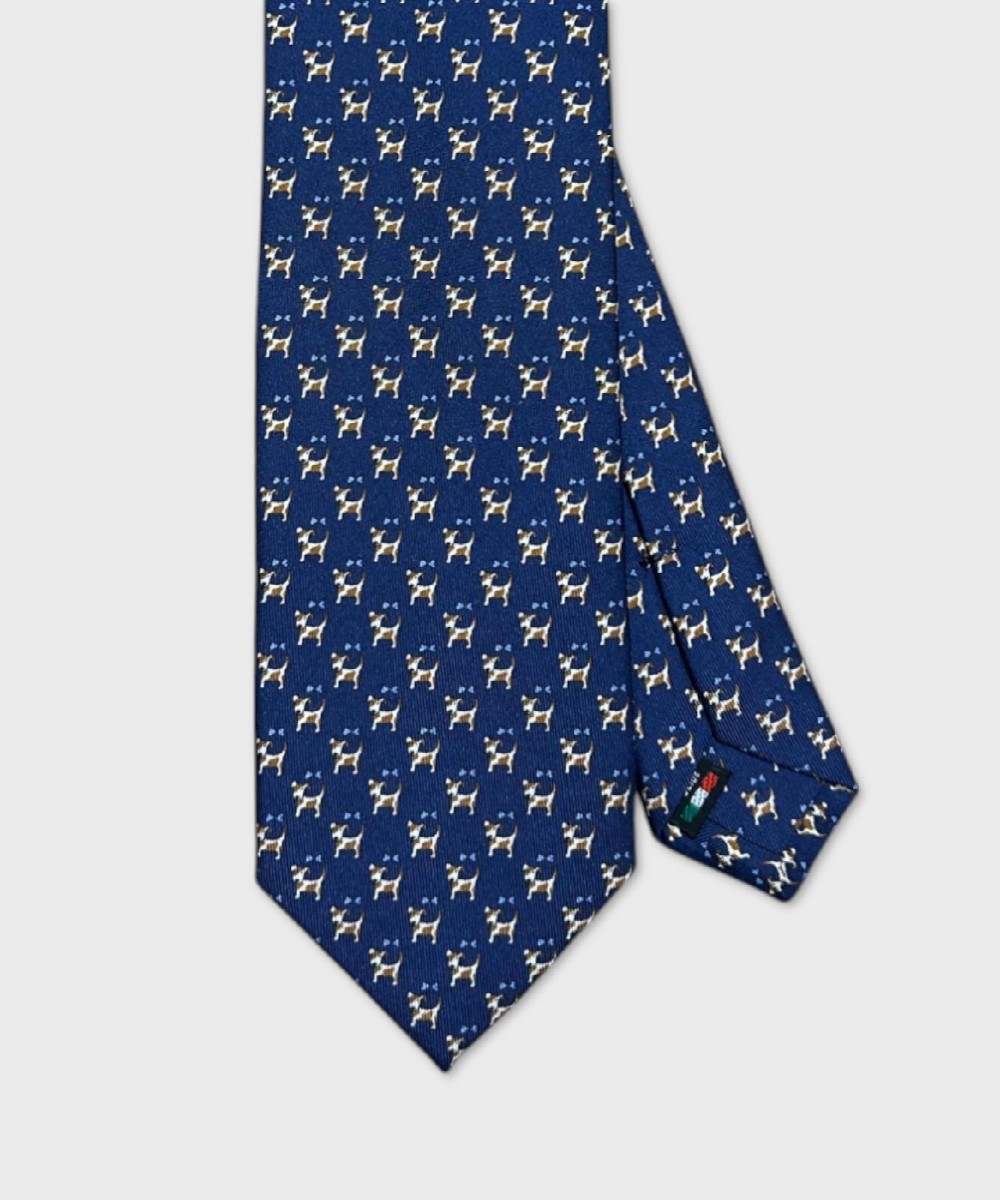 Galise three fold silk tie, blue dog pattern