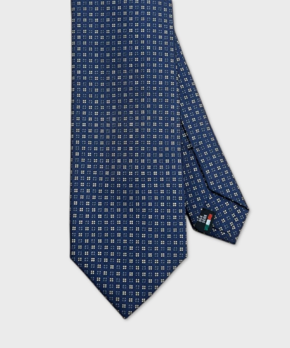 Galise three fold silk tie, blue yellow pattern