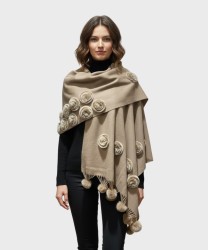Galise mantella in lana con frange bon bon, cammello