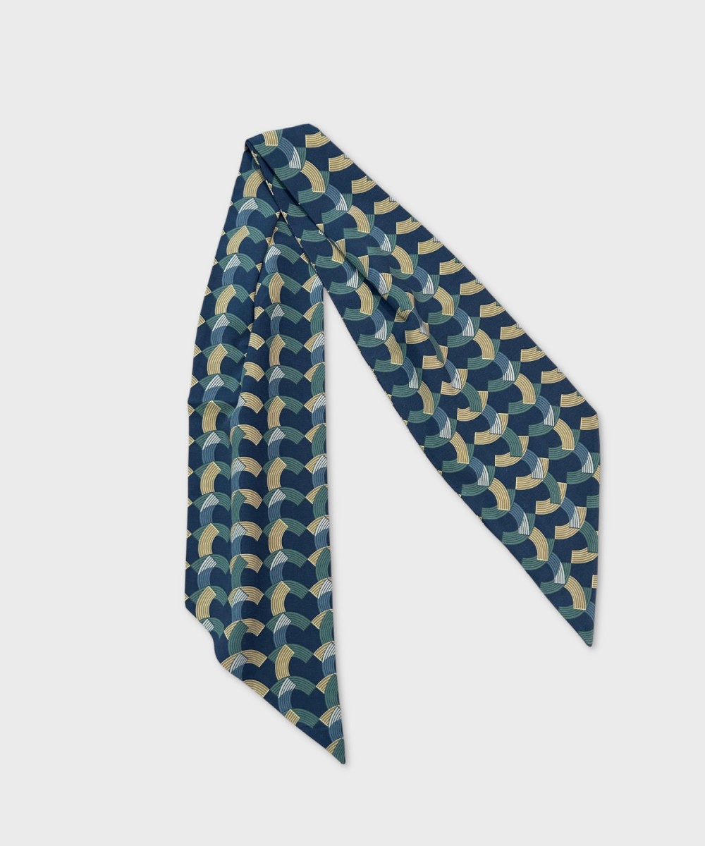 Arcuri geometric pattern silk ascot scarf, blue