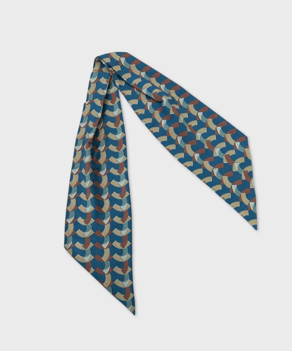 Arcuri geometric pattern silk ascot scarf, teal
