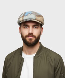 Galise 8-piece wool derby cap, Scottish pattern, beige