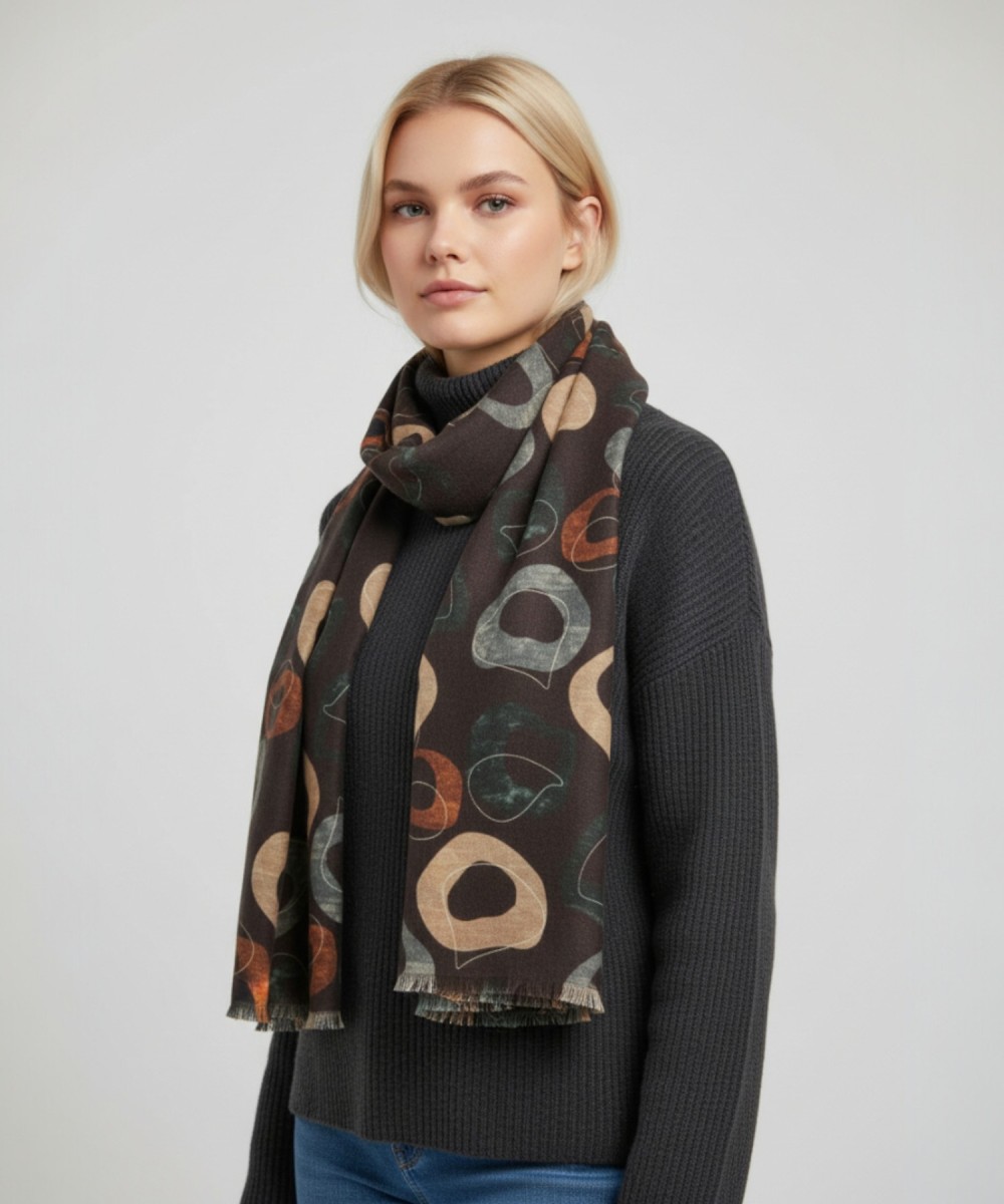 Villa Milano abstract print wool scarf, brown