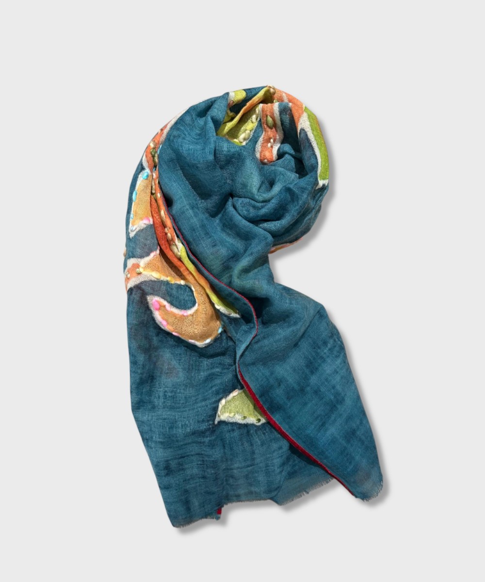 Jaitush Archive Floral Print Wool Scarf, Teal