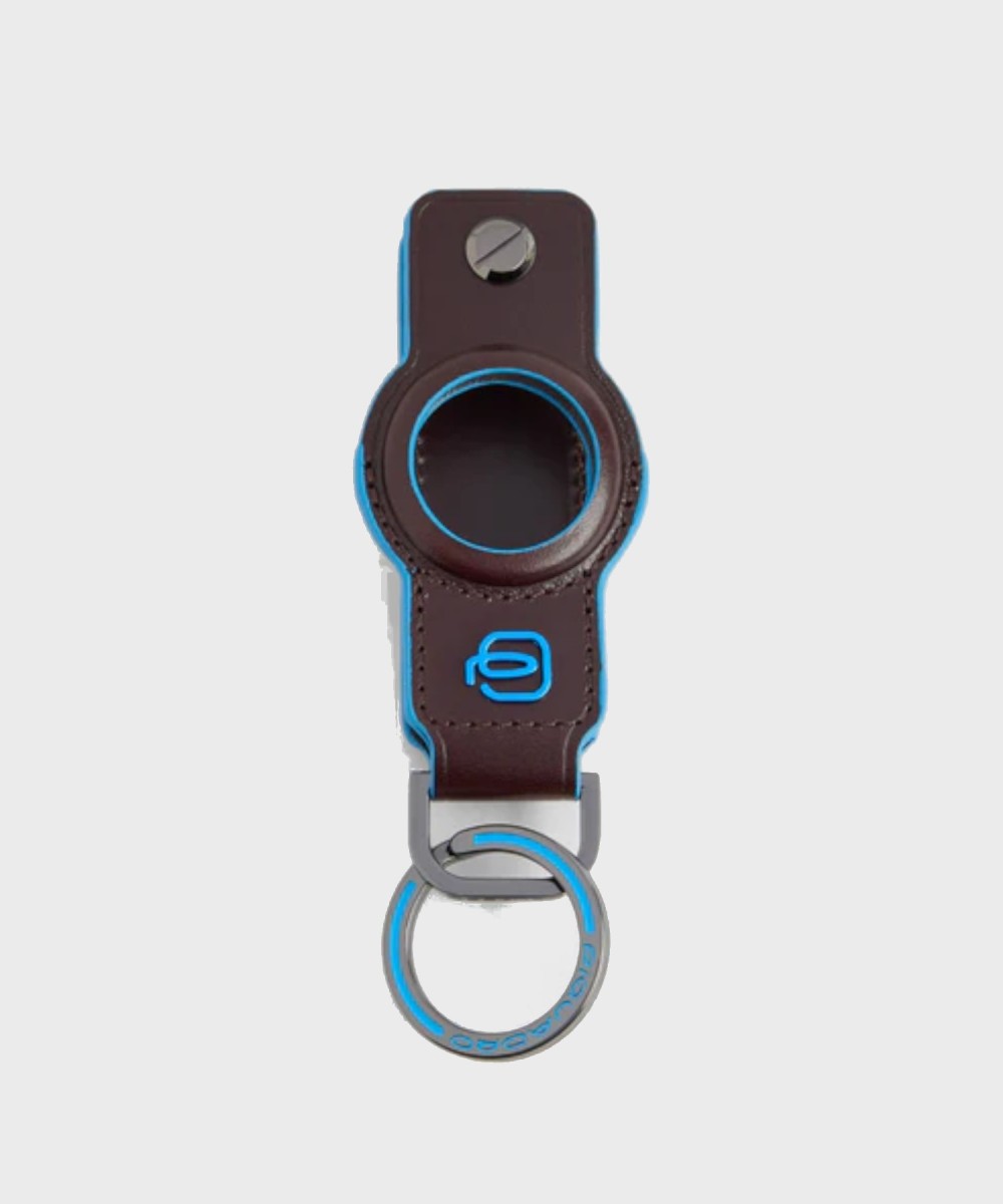 Piquadro Blue Square key ring for AirTag and Connequ in mahogany leather