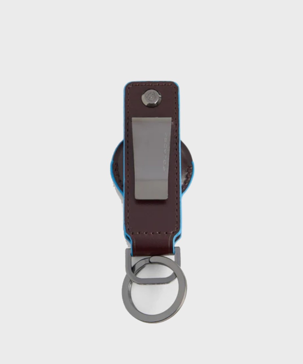 Piquadro Blue Square key ring for AirTag and Connequ in mahogany leather