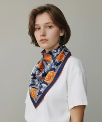 Arcuri tailored scarf in blue silk with orange flowers