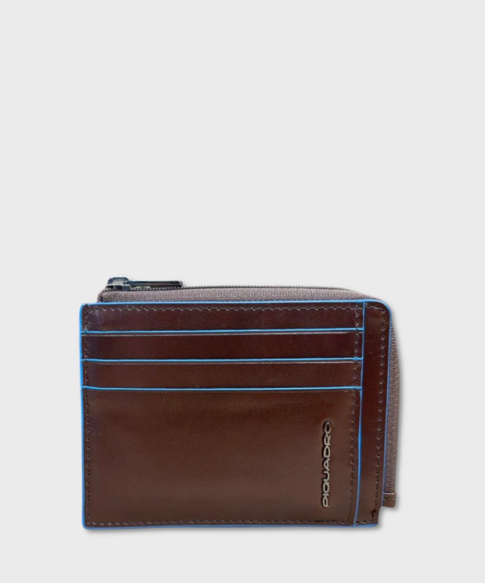 Piquadro Blue Square bustina 6 cc con zip, mogano pelle