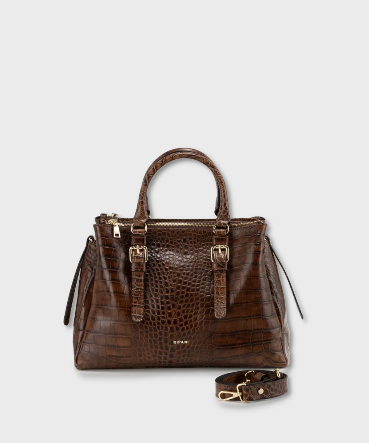 Ripani Tessa handbag and shoulder bag in dark brown crocodile-print leather