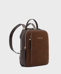 Piquadro Circle backpack in dark walnut brown leather and suede