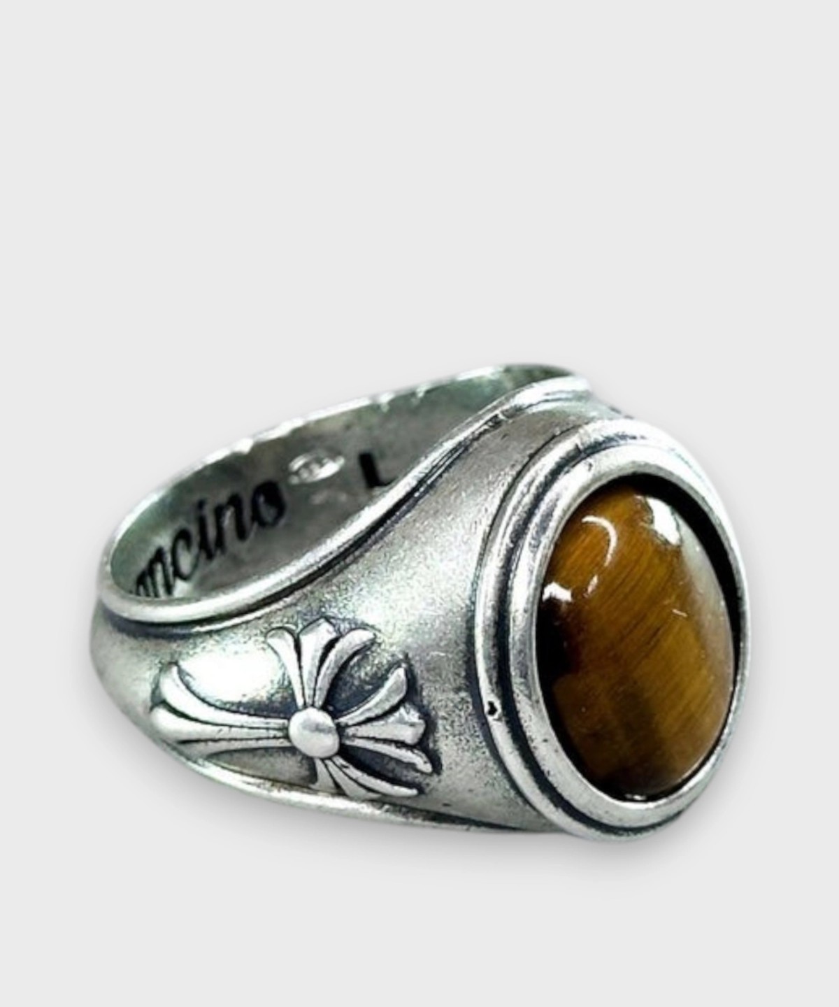 Left-handed silver ring with oval brown agate,...