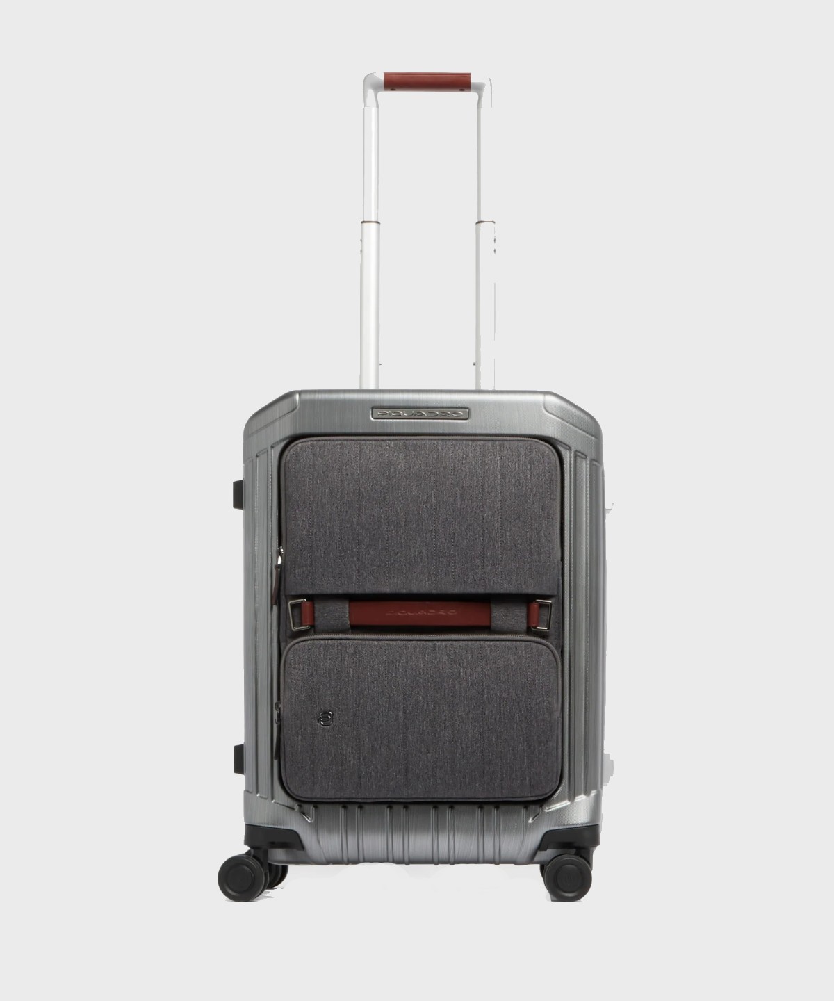 Piquadro PQLM trolley cabina a 4 ruote in policarbonato e pelle nero e cuoio con pannello porta PC 14 pollici